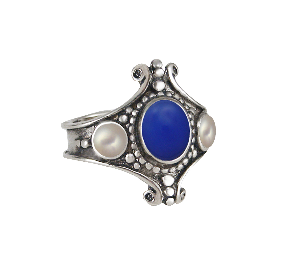 Sterling Silver Imperial Ring With Blue Onyx And Cultured Freshwater Pearl Size 10